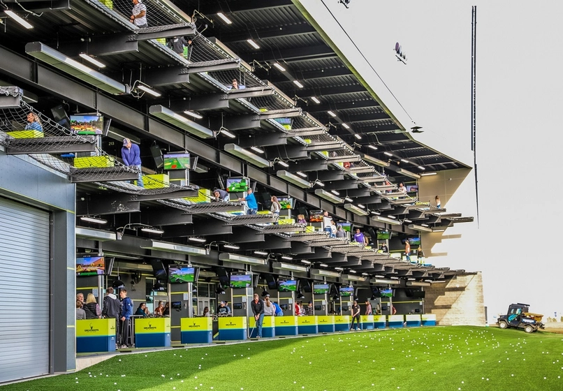 A view of the three-story golfing complex, Great Shots.