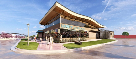 A mockup image of the stage at the Levitt with a wave-shaped roof