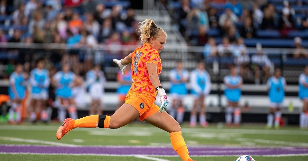 A player on Sioux Falls City FC winding up to kick the soccer ball in a game
