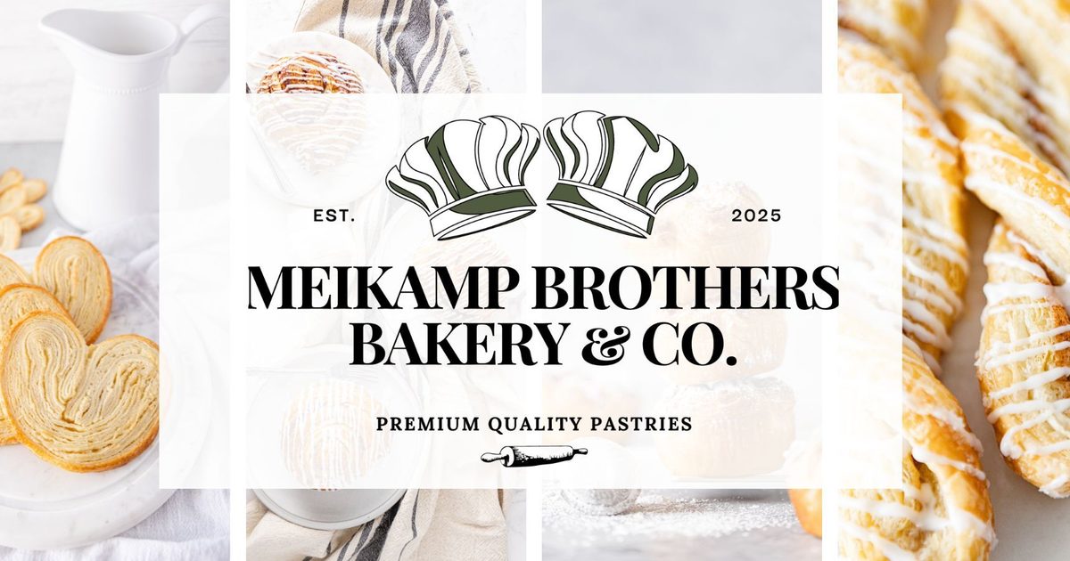 Meikamp Brothers Bakery & Co, Premium Quality Partners. Fresh made pastries in the background